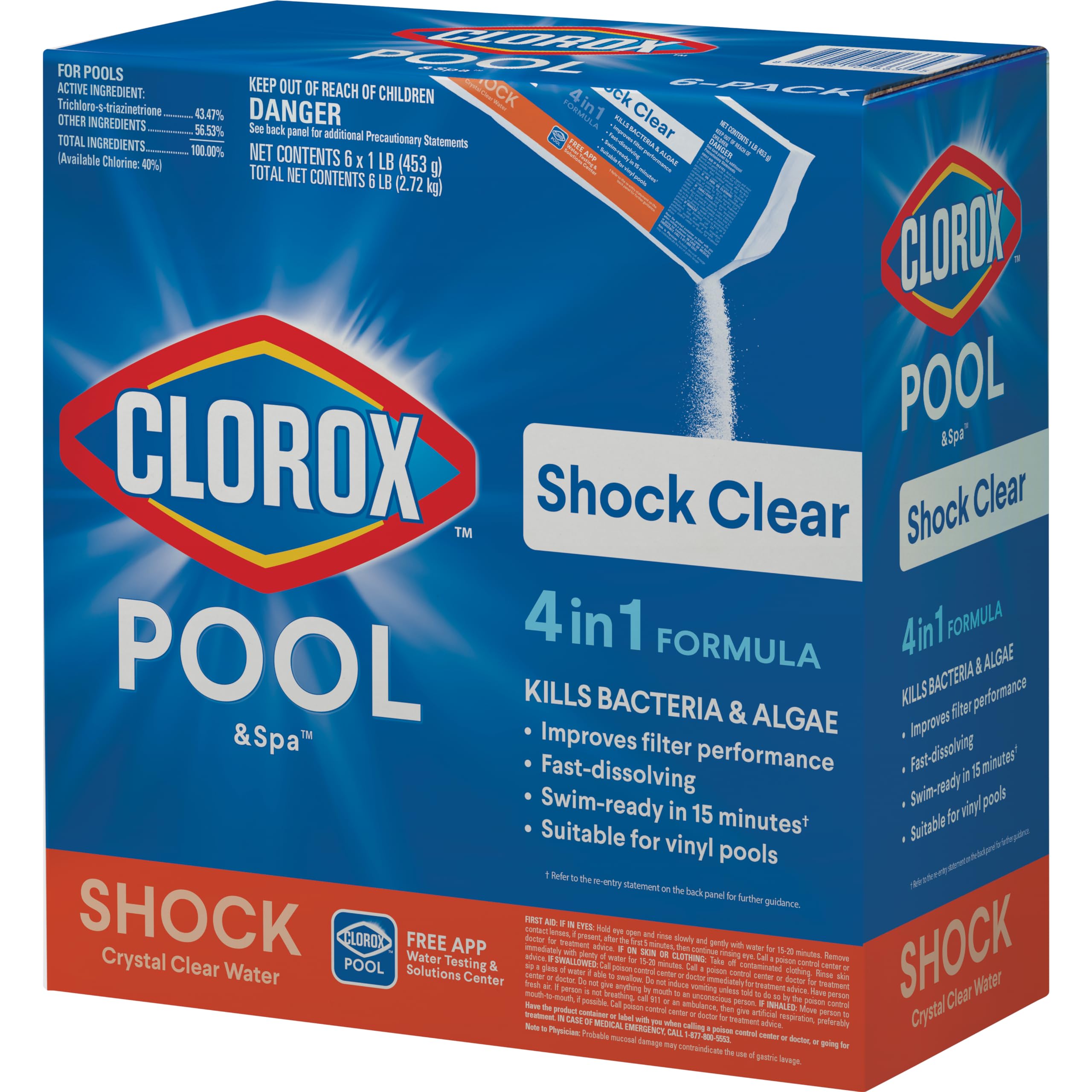 Clorox Pool & Spa Shock Clear bottle dissolving for fast pool treatment