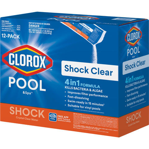 Clorox Pool&Spa Shock Clear bottle front highlights fast-acting formula for crystal water