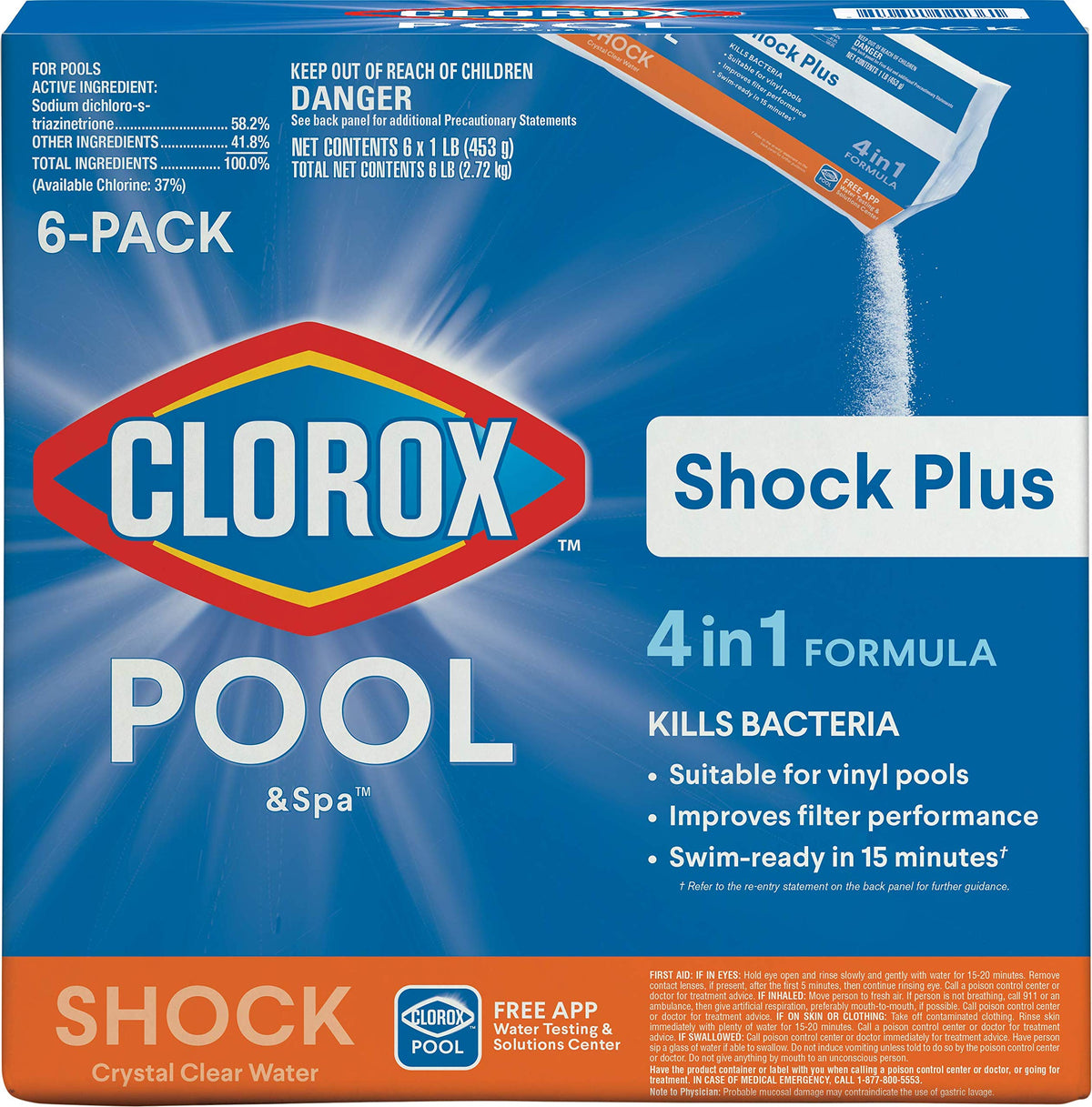 Clorox Pool&Spa Shock Plus bottle pour for fast pool treatment and clarity.