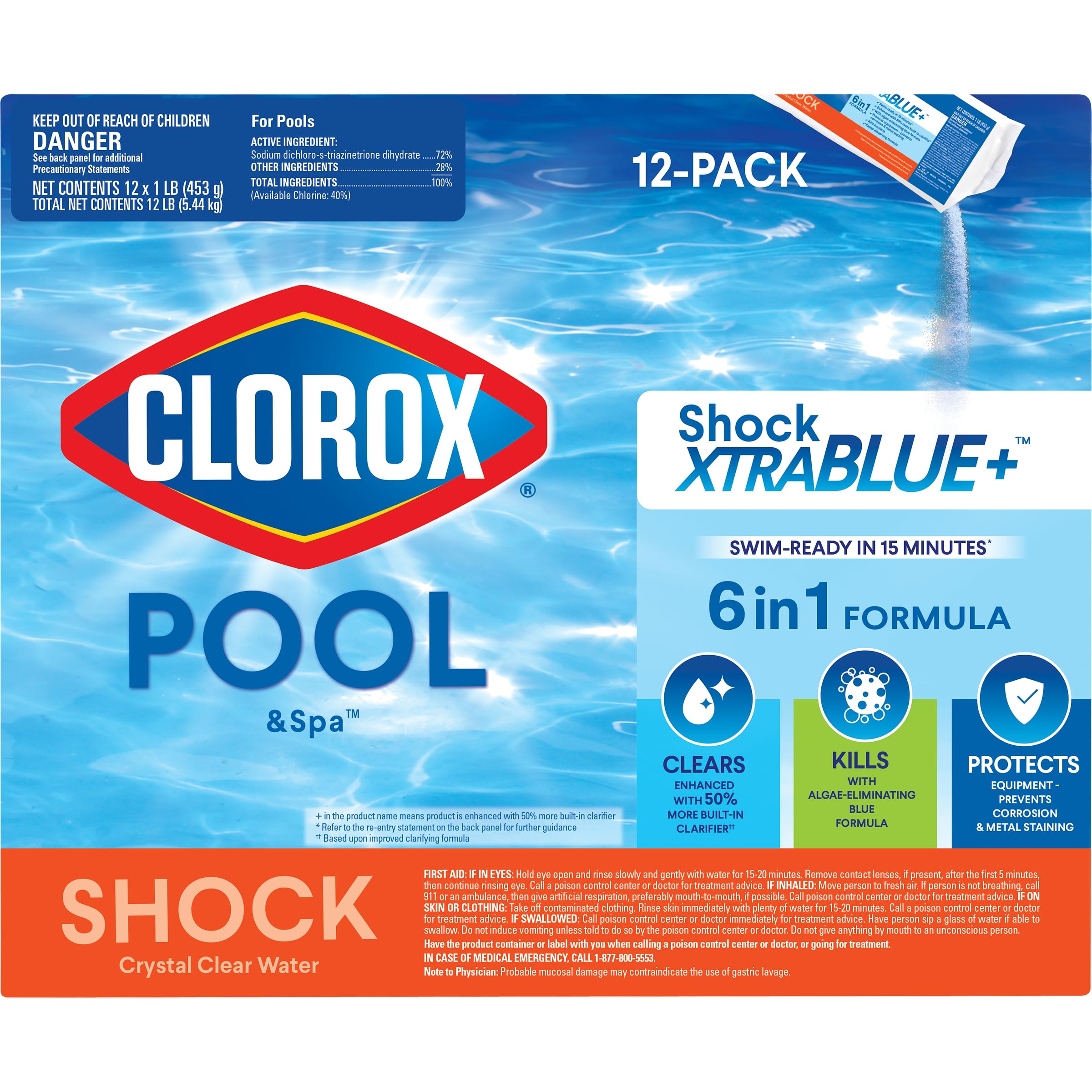 CLOROX Pool&Spa Shock XtraBlue Plus bag closeup, fast-dissolving formula for quick treatment.