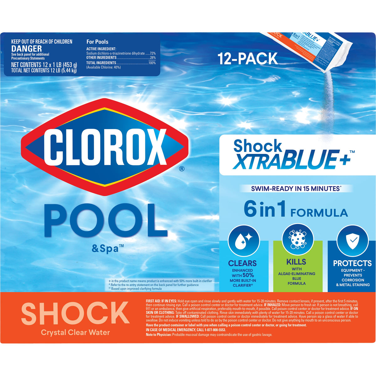 CLOROX Pool&Spa Shock XtraBlue Plus bag closeup, fast-dissolving formula for quick treatment.