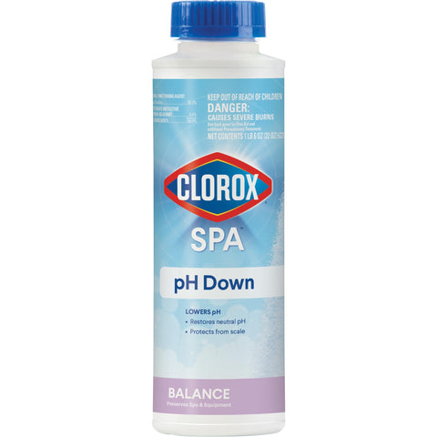 CLOROX Pool&Spa Spa pH Down bottle being poured to balance spa water