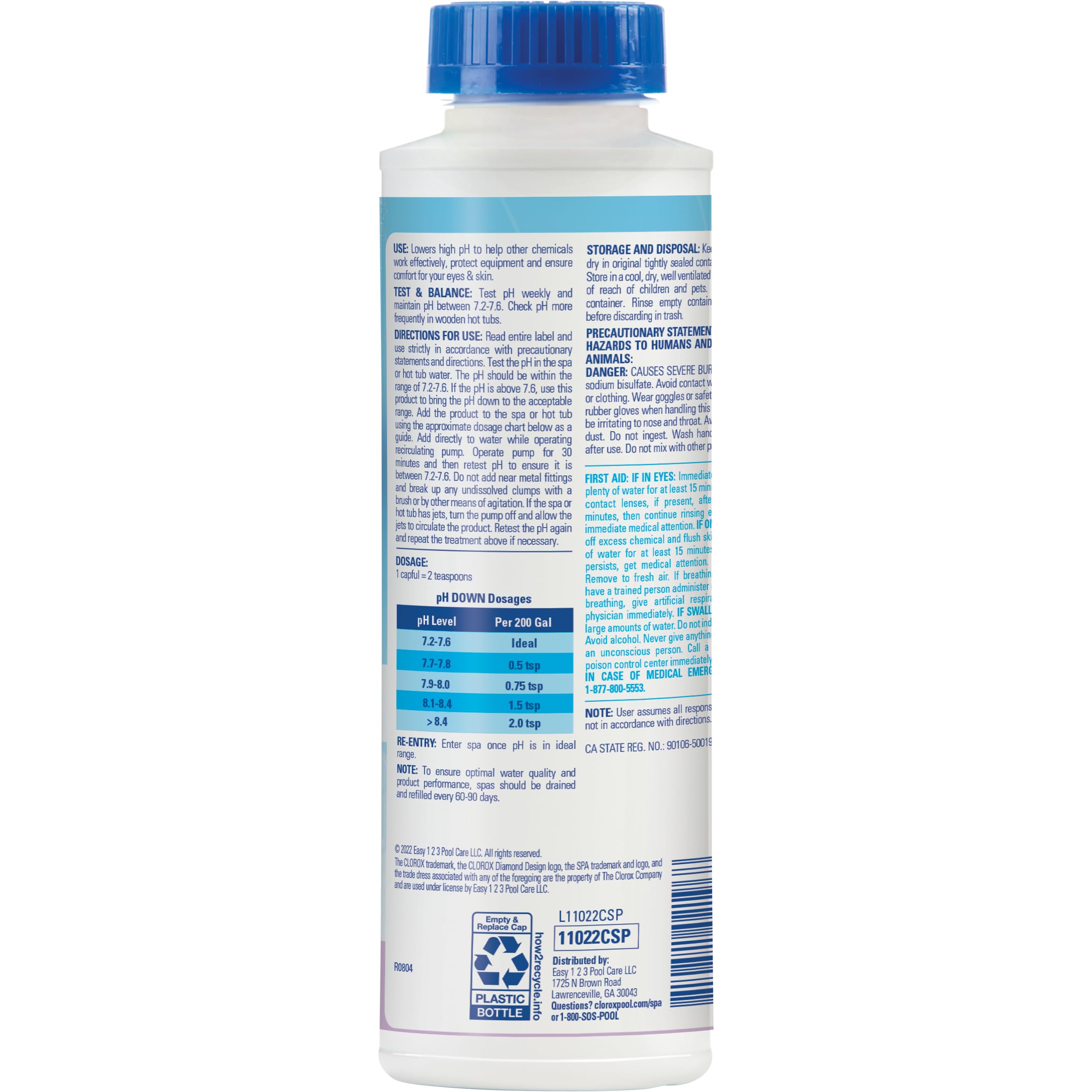 CLOROX Pool&Spa Spa pH Down label close-up for pH adjustment