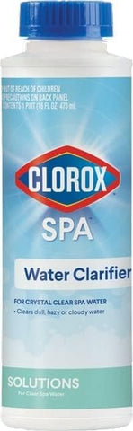 CLOROX Pool&Spa Spa Water Clarifier label shows safe dosage guidance for effective use.