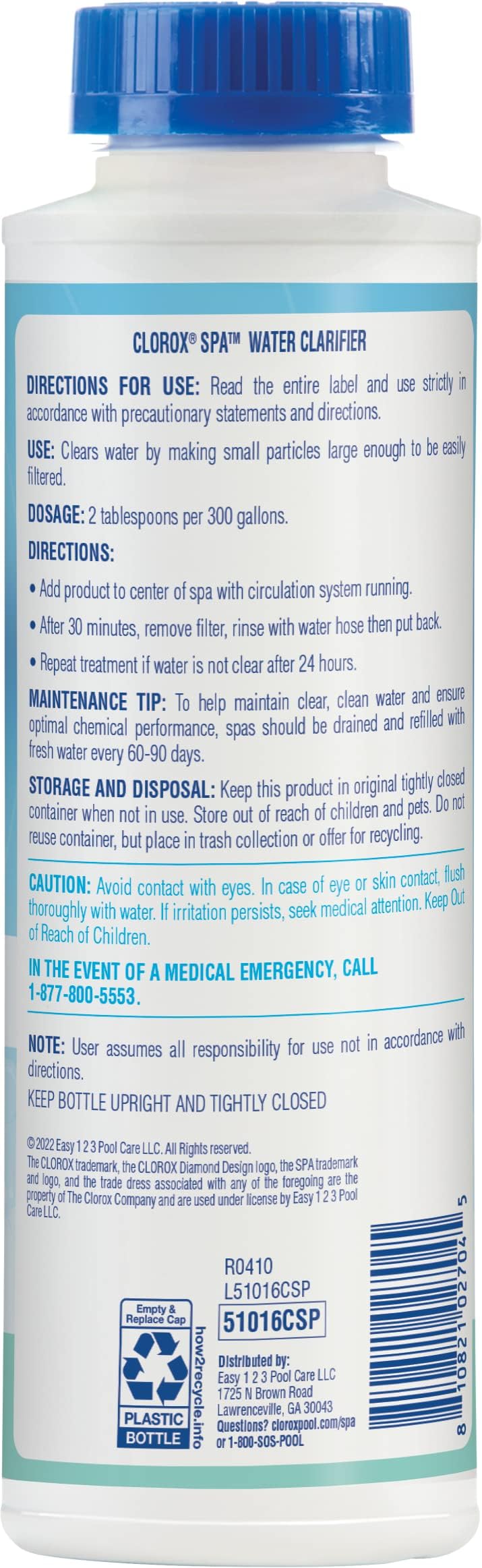 CLOROX Pool&Spa Spa Water Clarifier bottle on shelf signals ready to treat cloudy water.