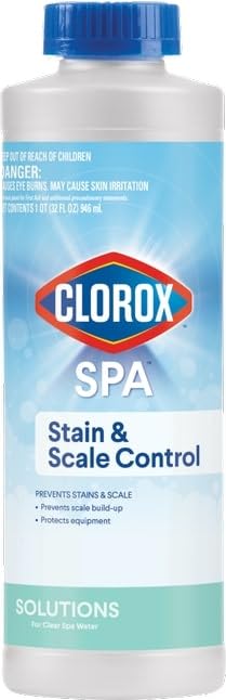 Clorox Pool&Spa Stain & Scale Control bottle protects spa surfaces from stains