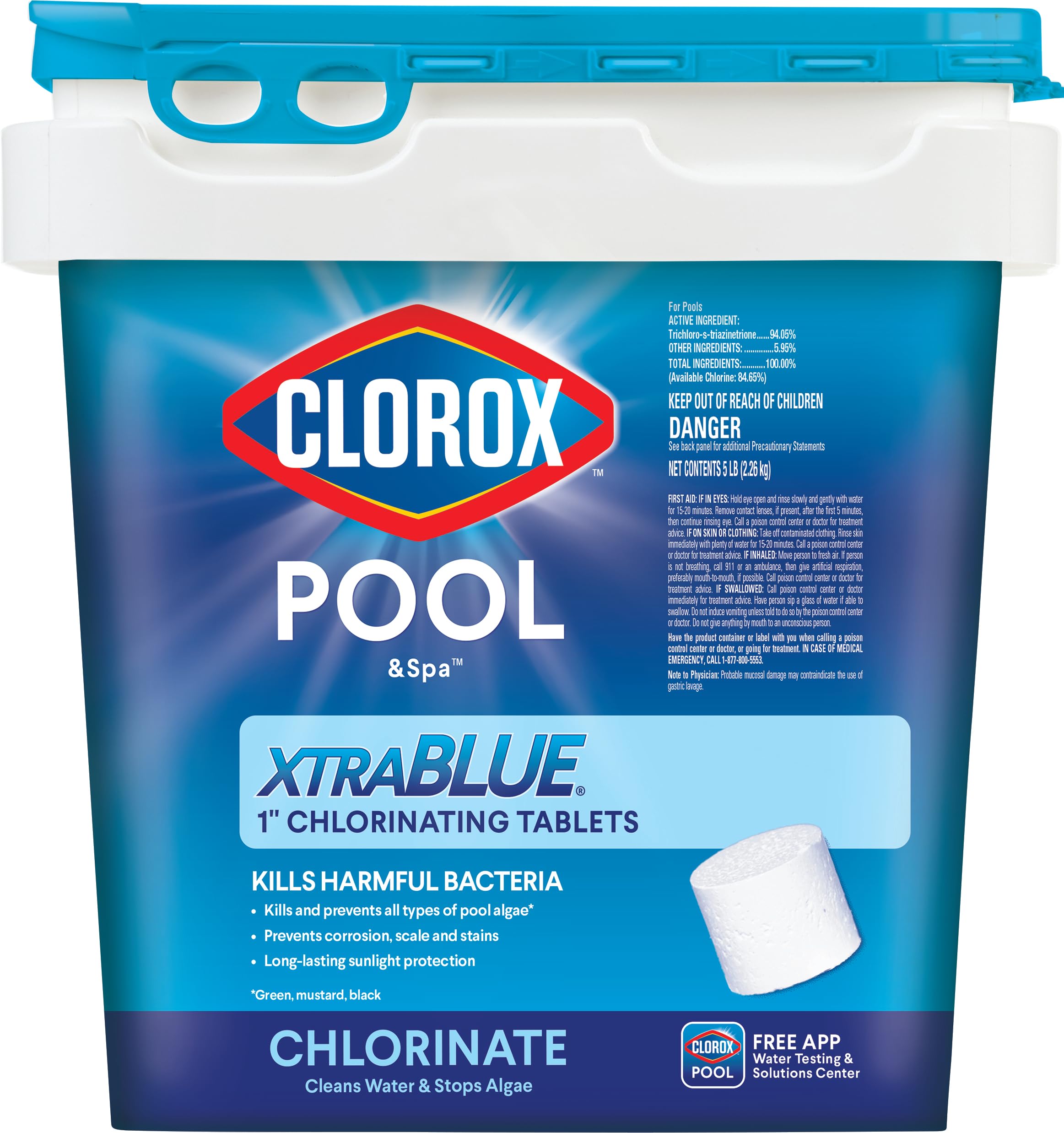 Clorox Pool&Spa XtraBlue 1-inch tablet resting on pool edge, ready to dissolve and sanitize.