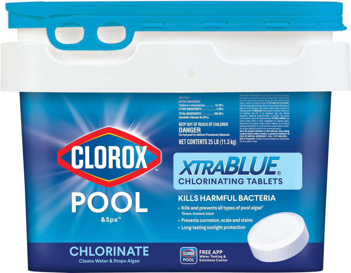 CLOROX Pool&Spa XtraBlue tablets in a bucket provide algae control and clear water.