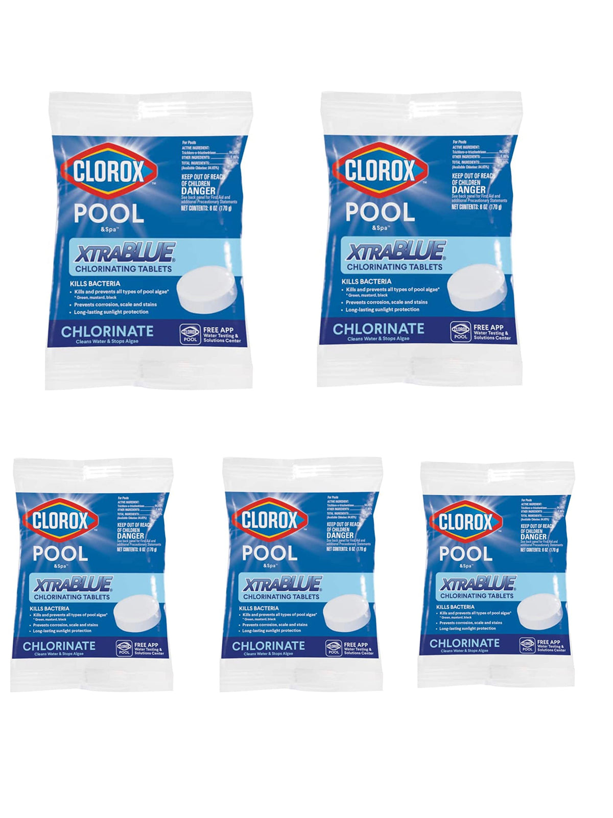 Clorox Pool&Spa XtraBlue tablet shown for routine pool sanitizing and algae prevention.