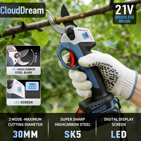 Dual 2000mAh batteries provide cordless freedom for extended pruning sessions.