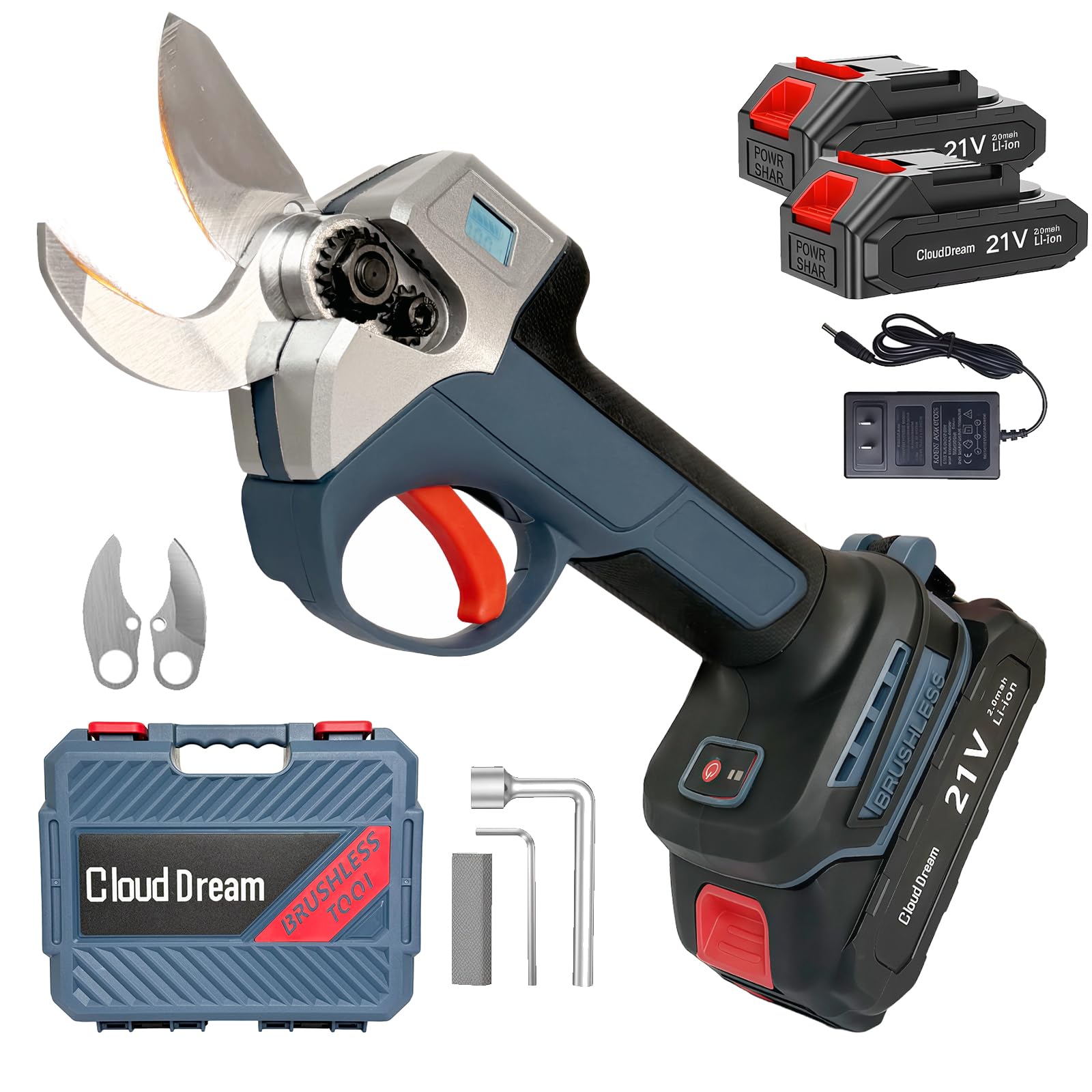CloudDream pruning shears with LED display showing battery and cut count for precise planning.