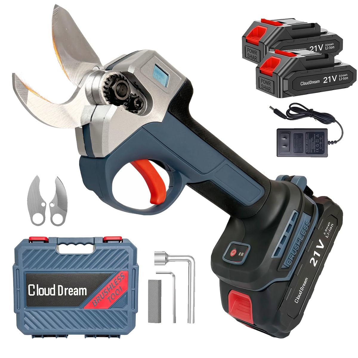CloudDream pruning shears with LED display showing battery and cut count for precise planning.