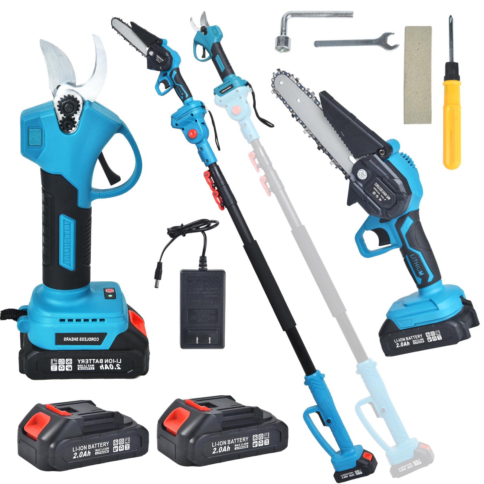 Clownya 4-in-1 cordless pole saw kit for versatile pruning from ground level.