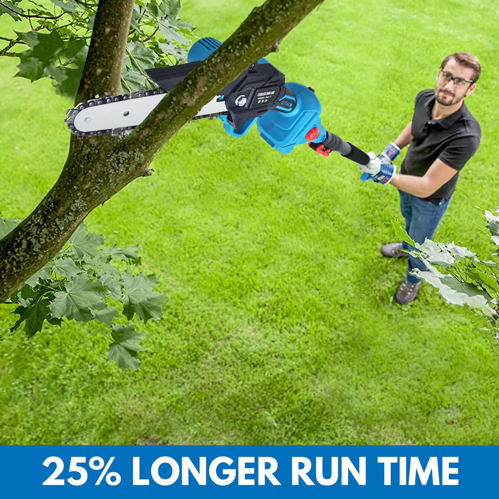 Clownya cordless tree trimming in action for quick yard work.