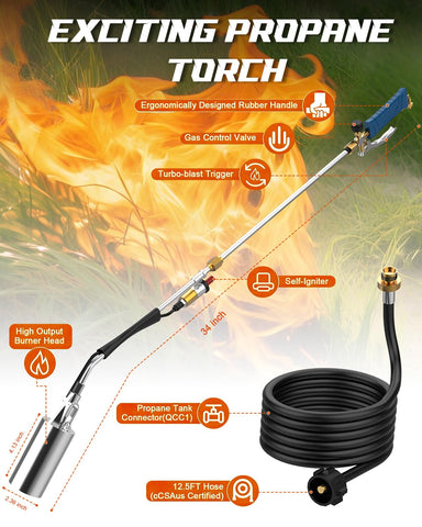 Clozpleax propane torch weed burner kit with 10ft hose enables safer, flexible reach during tasks.