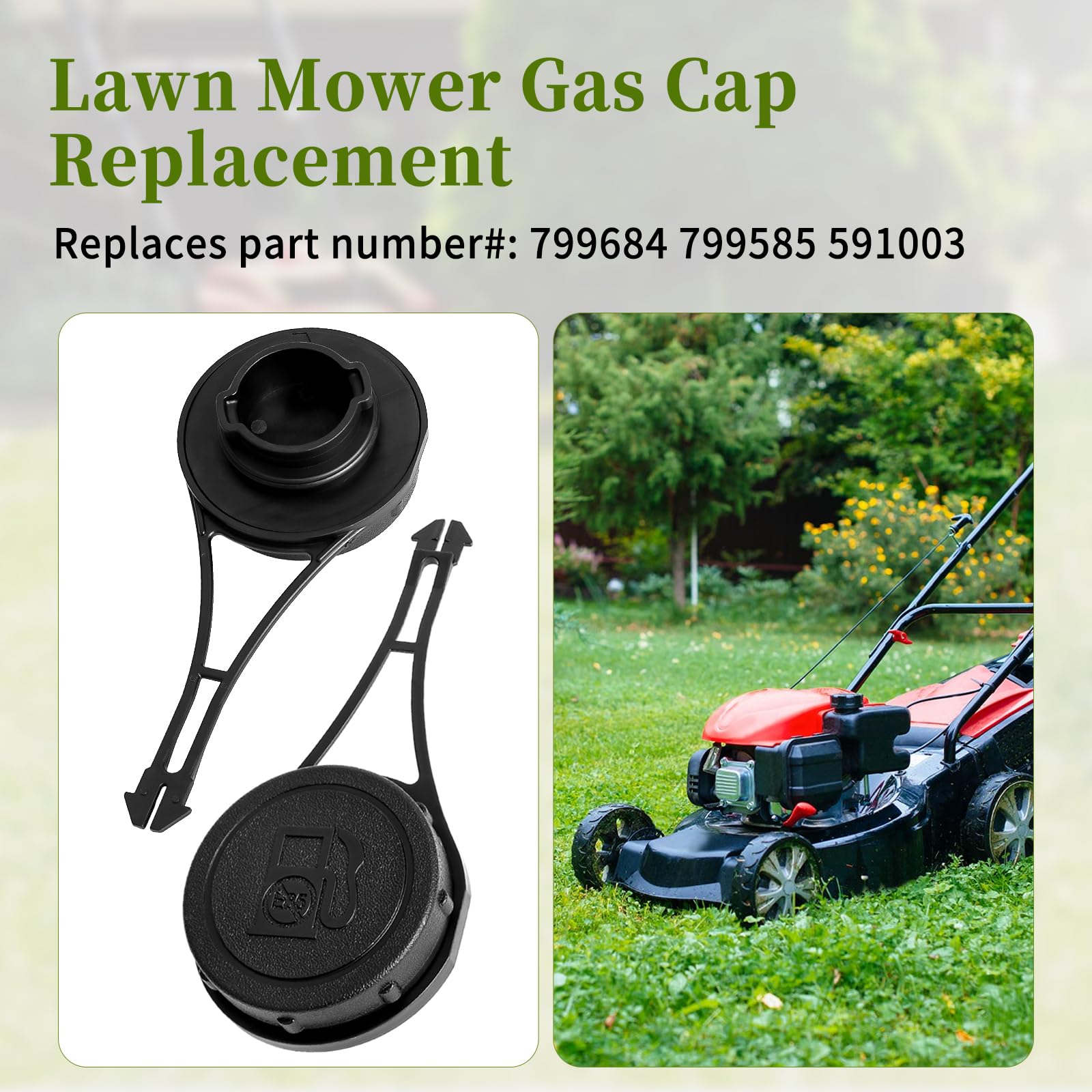 Installed CLSR2U 799585 gas cap on a mower fuel tank