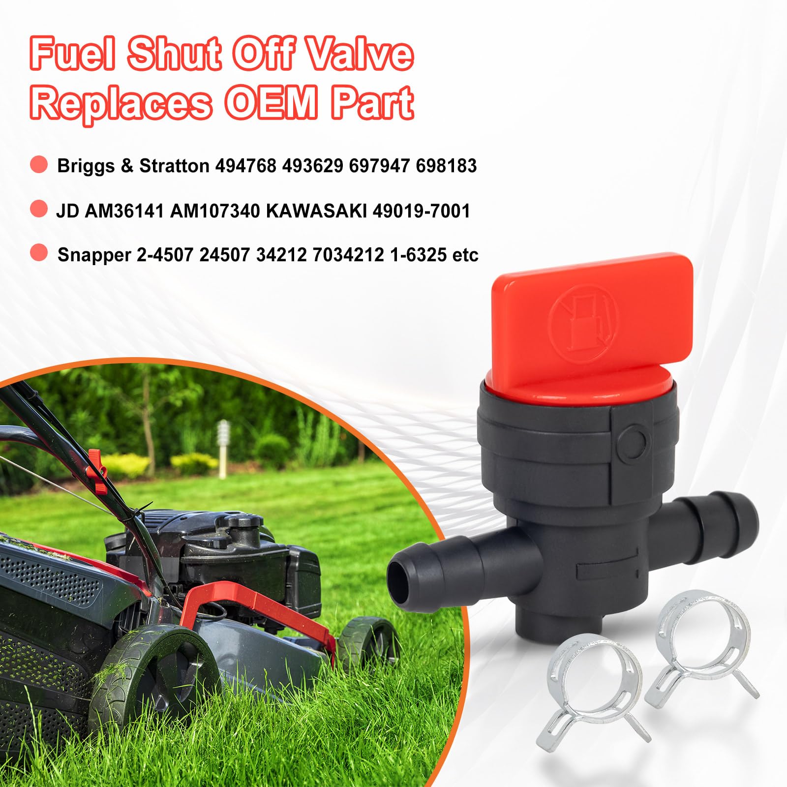 Close-up of valve installation with clamps ready for 1/4-inch fuel hose next to a mower.