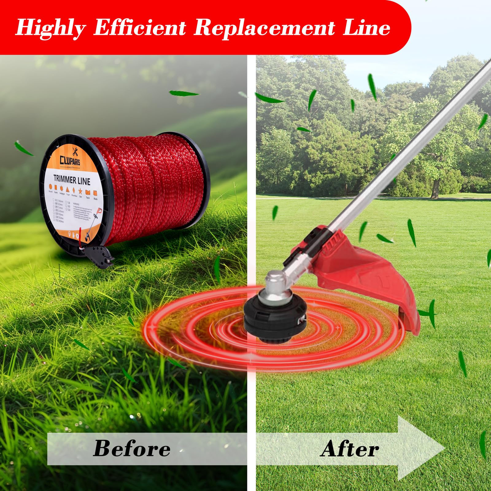 Cluparis heavy duty trimmer cord handles dense weeds with precision.