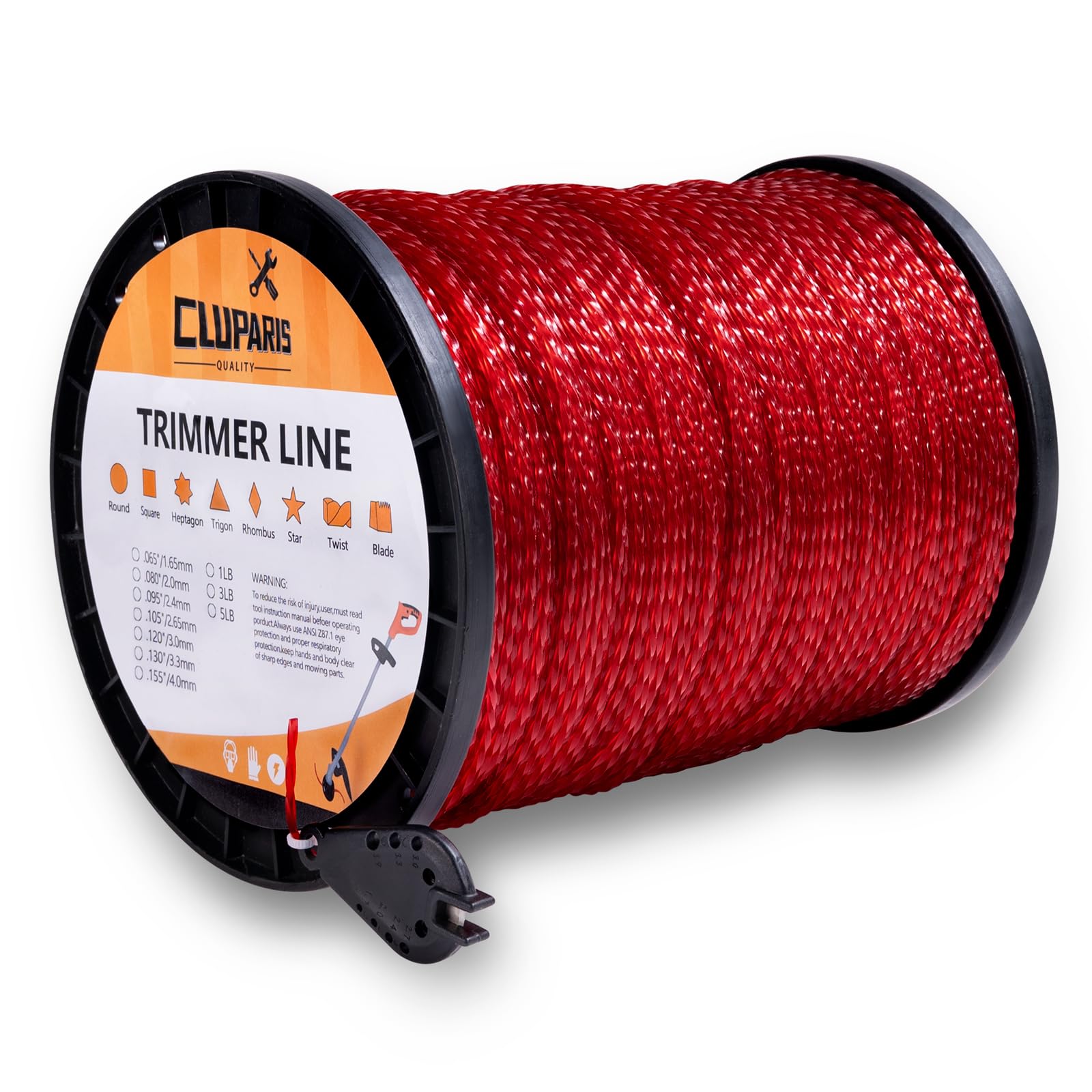Cluparis string trimmer line on red spool for quick, clean lawn work.