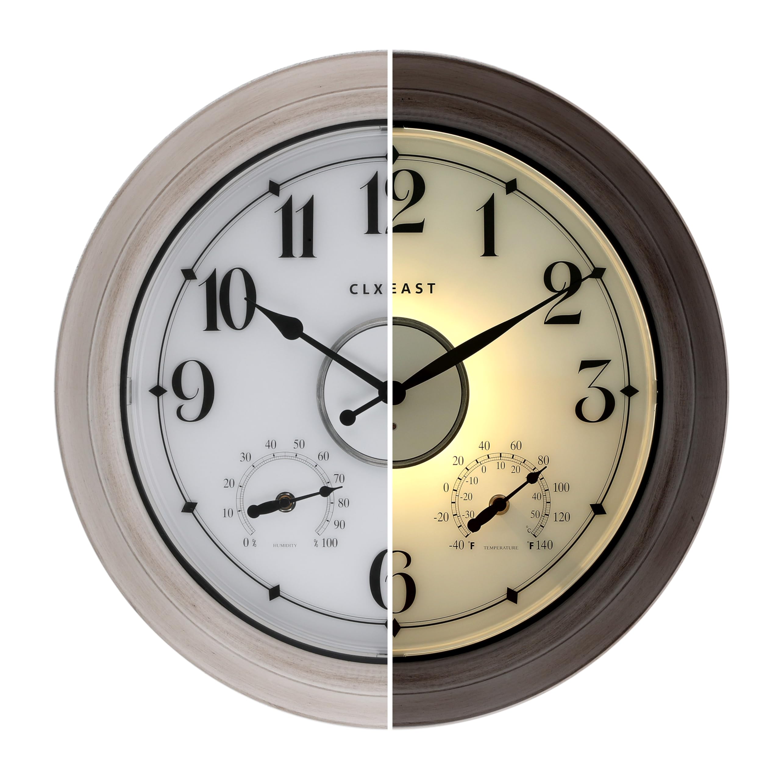 CLXEAST 18-inch illuminated outdoor clock with backlight for night viewing.