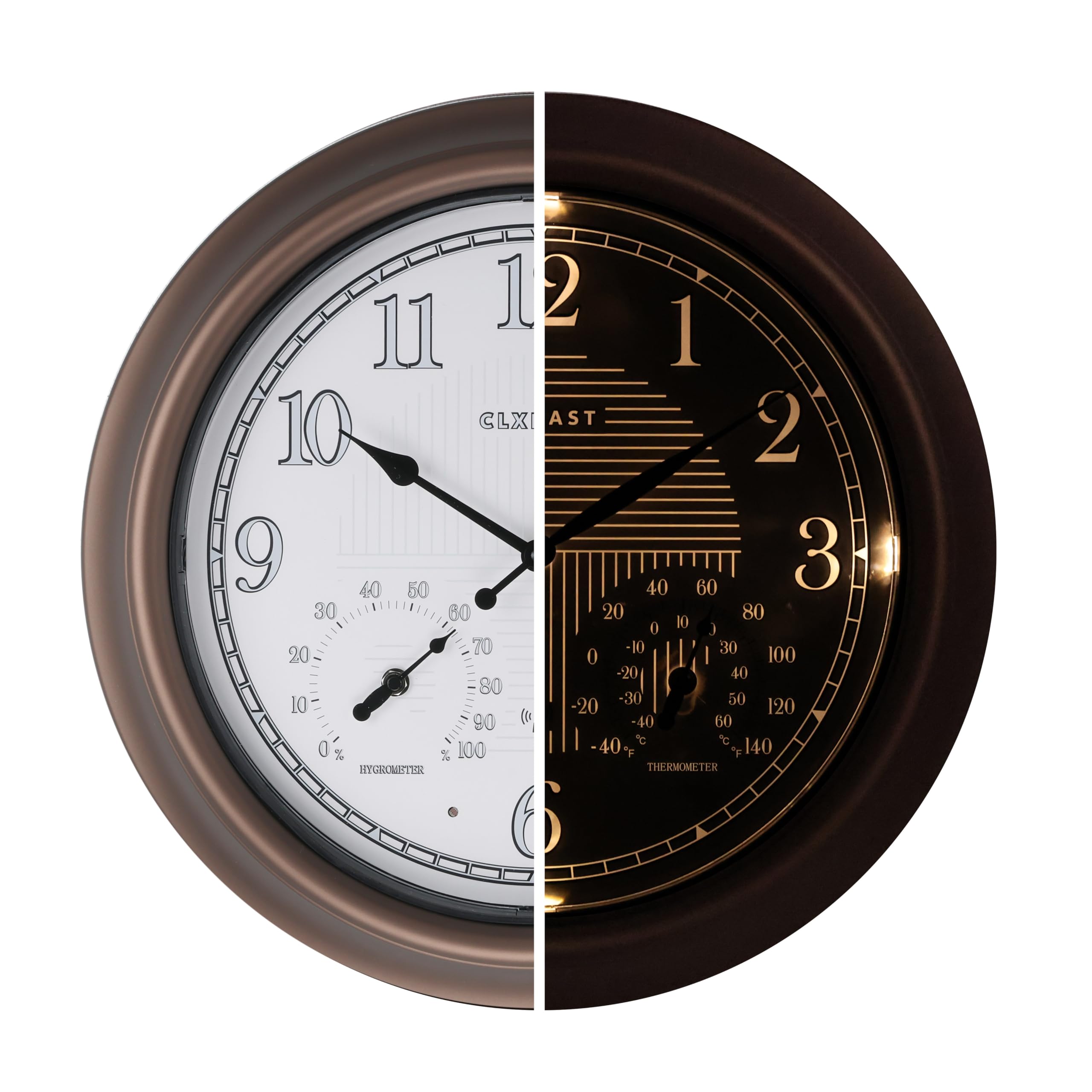CLXEAST 18-inch illuminated clock front view with warm backlight for outdoor visibility