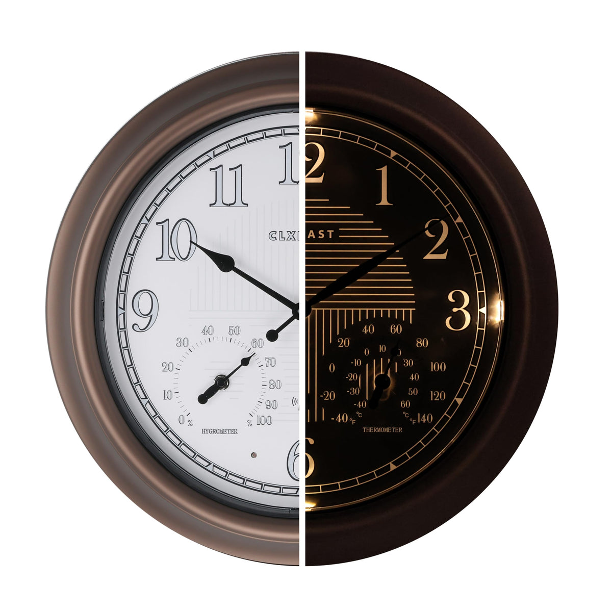 CLXEAST 18-inch illuminated clock front view with warm backlight for outdoor visibility