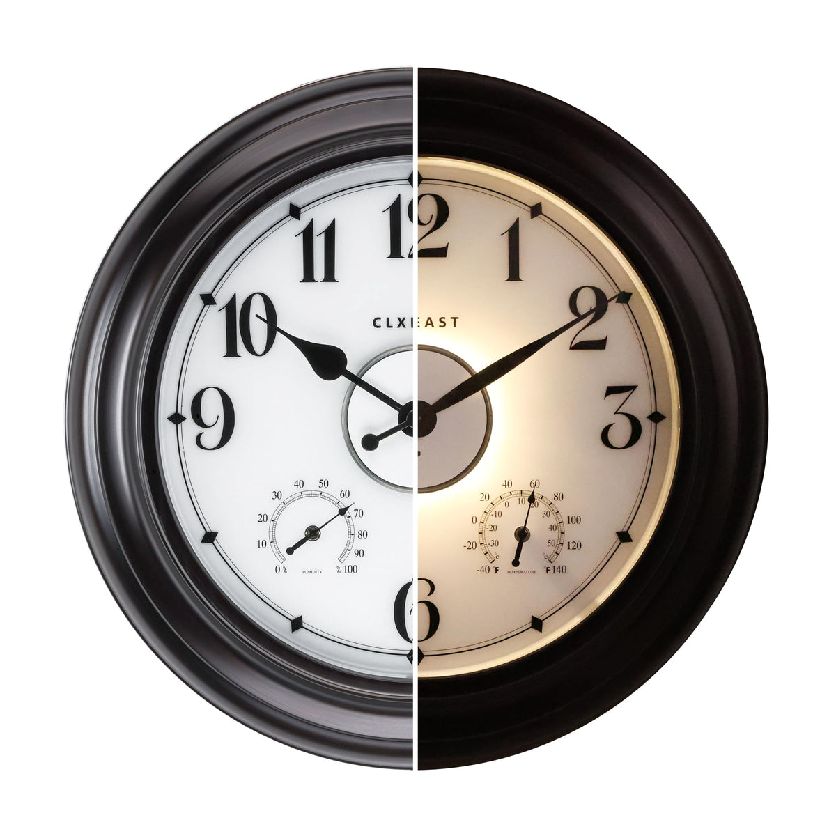 CLXEAST 24-inch LED outdoor clock front view with oil rubbed bronze finish enhances porch aesthetics