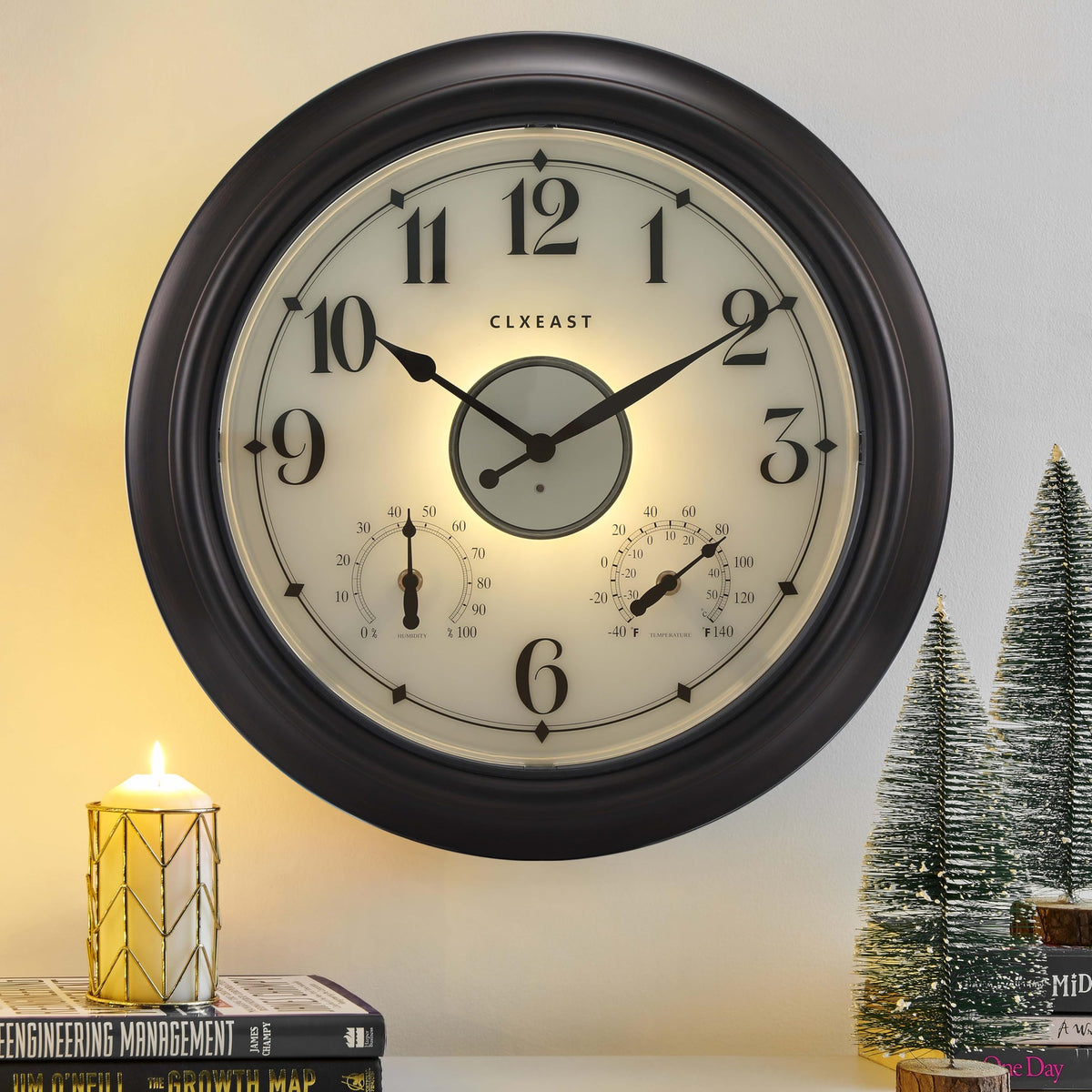 CLXEAST 18-inch illuminated outdoor clock front view with night visibility boost
