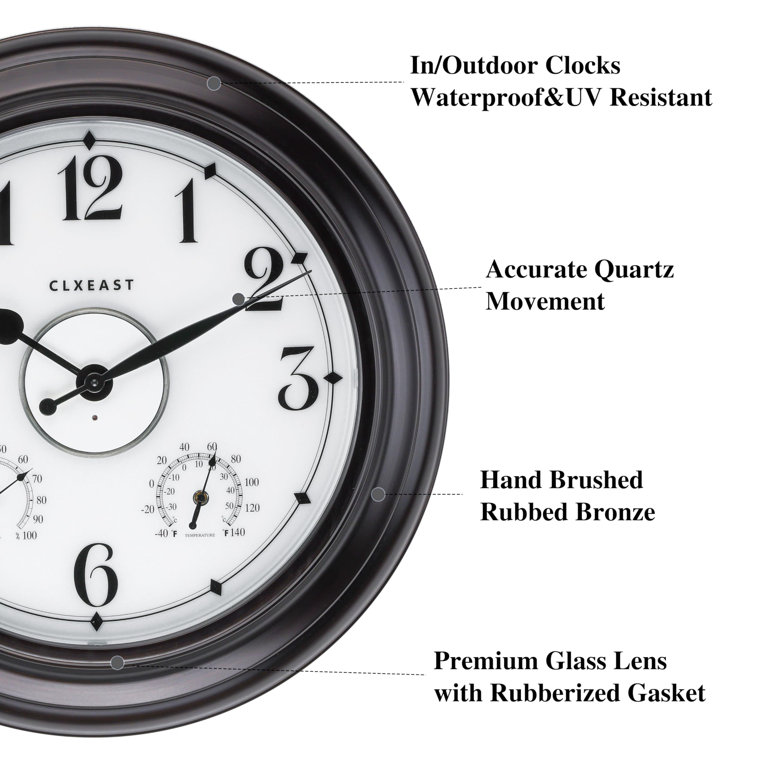CLXEAST outdoor clock oil rubbed bronze finish highlights weatherproof durability