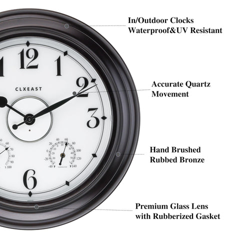 CLXEAST outdoor clock oil rubbed bronze finish highlights weatherproof durability