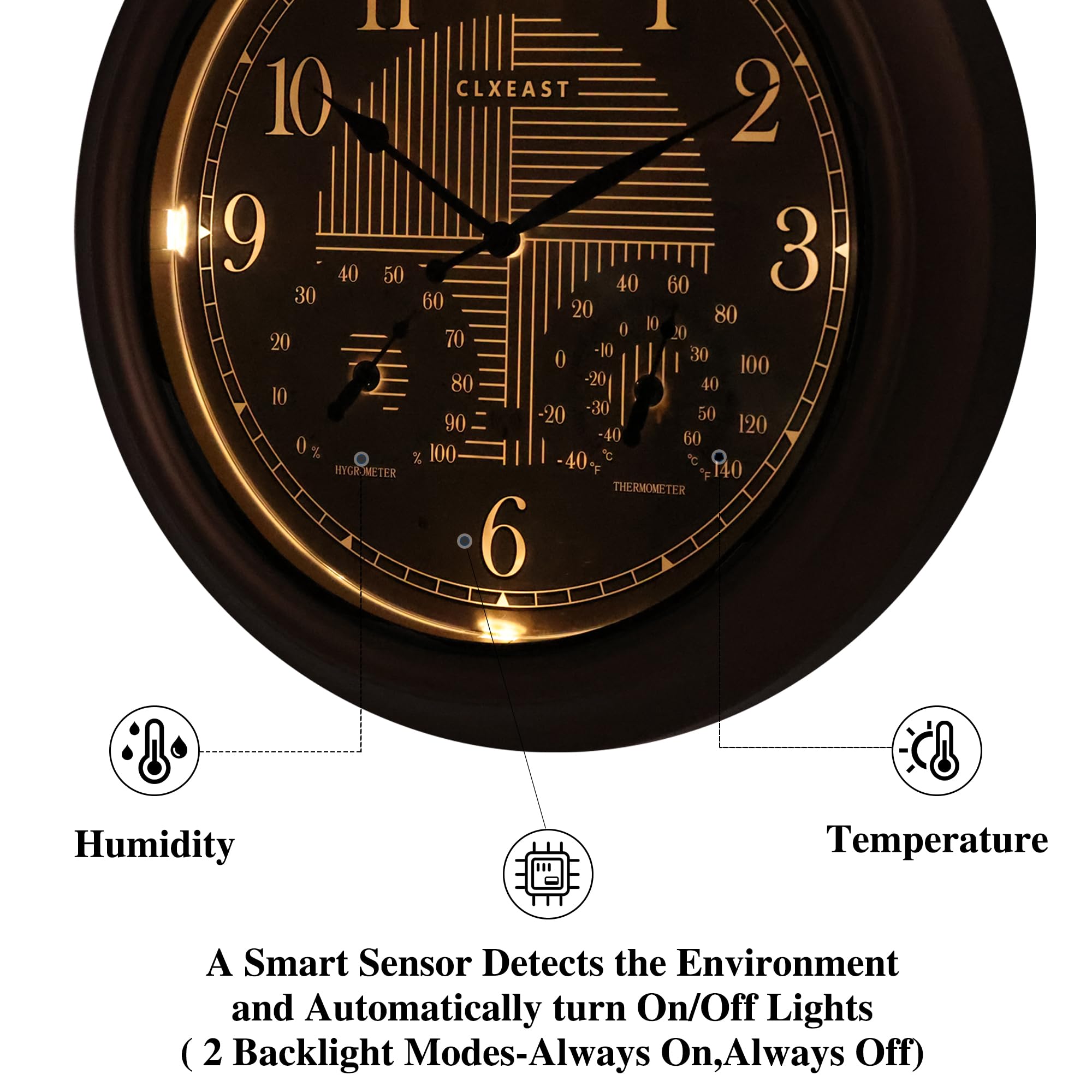 Built-in thermometer and hygrometer on CLXEAST outdoor clock