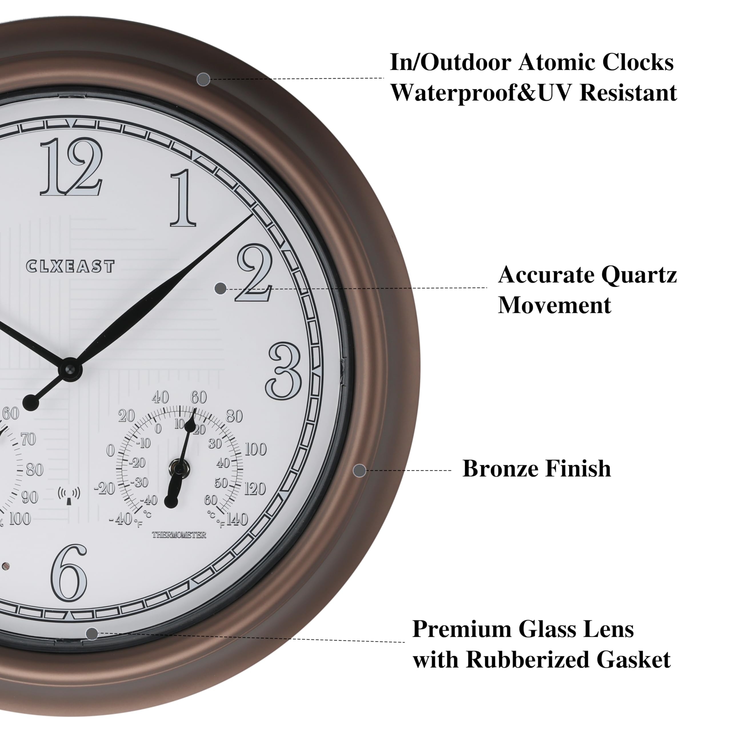 Weatherproof bronze finish CLXEAST clock with seal protection close-up