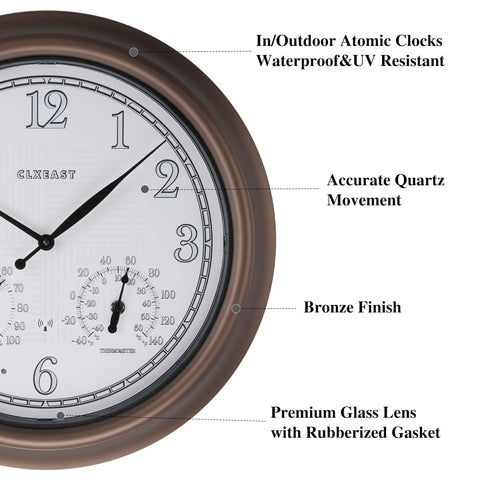 Weatherproof bronze finish CLXEAST clock with seal protection close-up