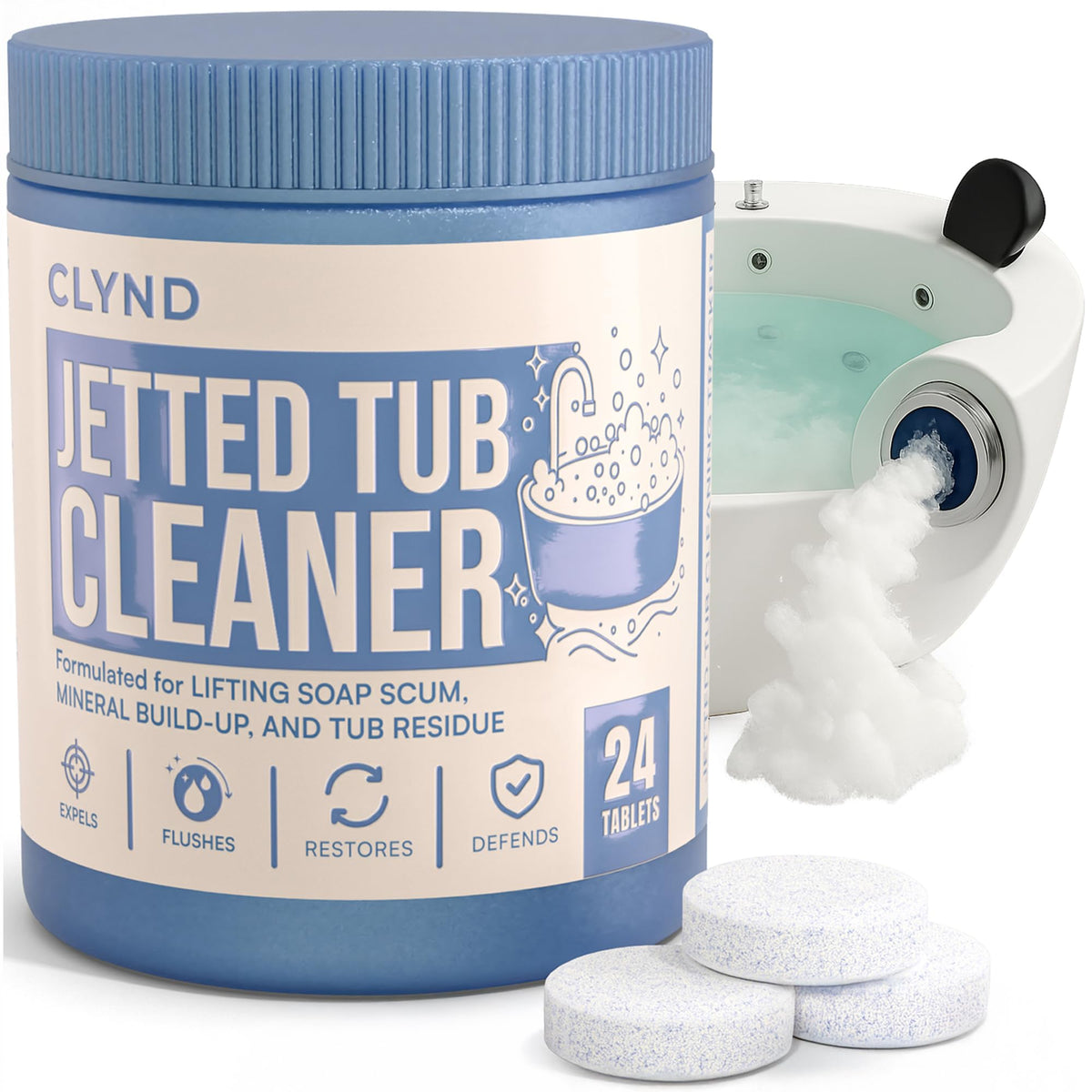 CLYND jetted tub cleaner jar front signals a heavy-duty solution for clean jets.