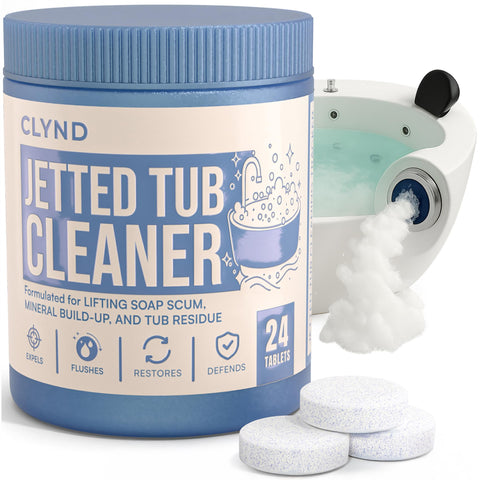 CLYND jetted tub cleaner jar front signals a heavy-duty solution for clean jets.
