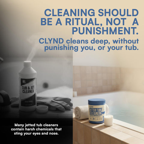CLYND jetted tub cleaner tablets closeup highlights ready-to-use tablets for quick maintenance.