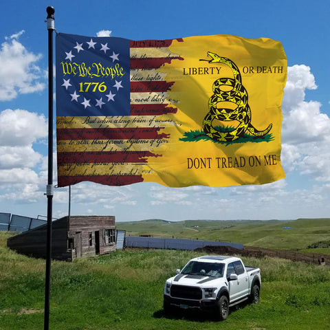 CLYTTE Don't Tread On Me flag back view shows mirrored print for double-sided visibility