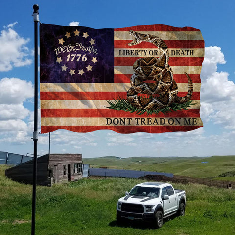 CLYTTE Dont Tread On Me flag 3x5ft back view demonstrates mirrored design for two-sided visibility.