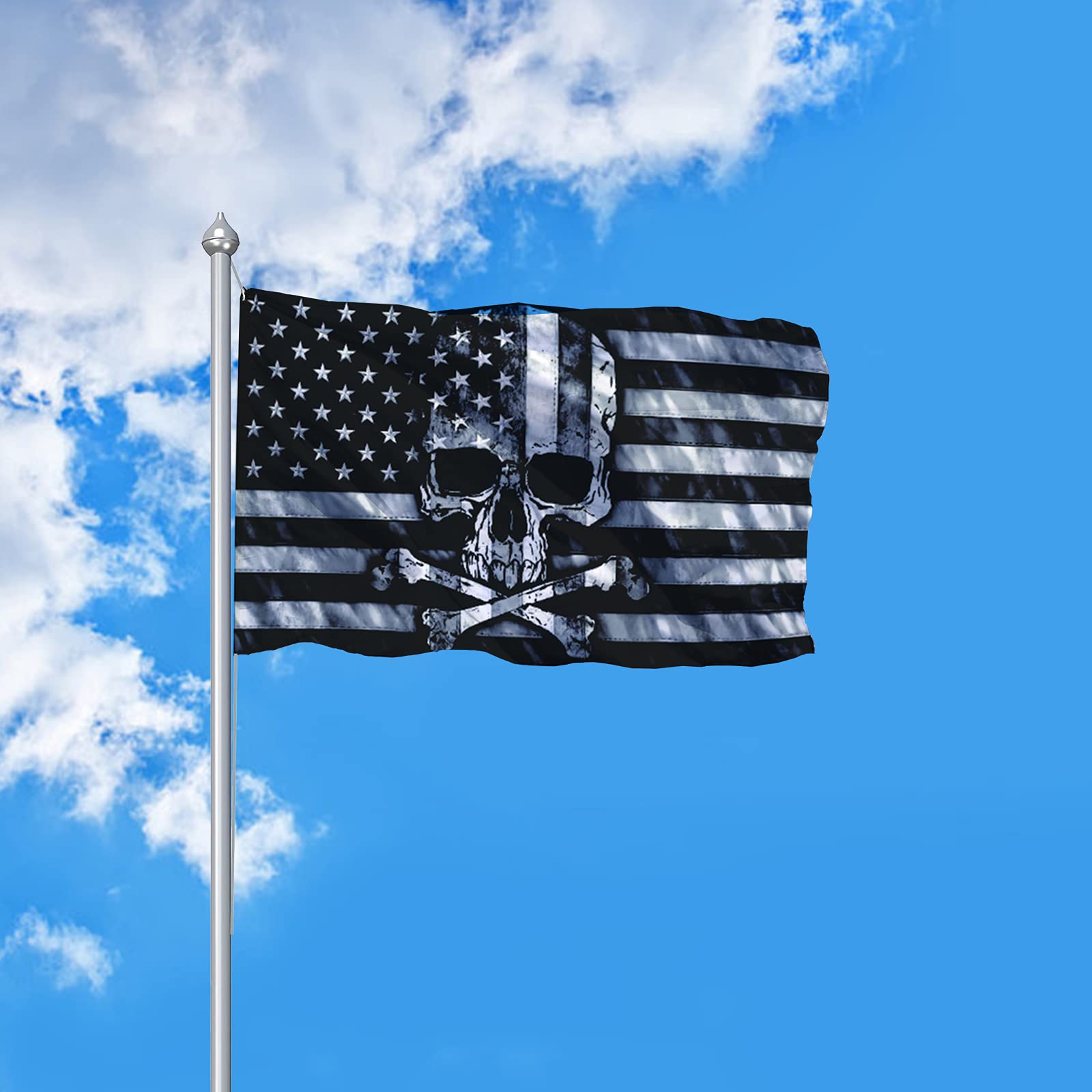 CLYTTE skull crossbones flag back view shows mirrored print for indoor displays