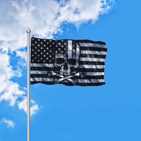CLYTTE skull crossbones flag back view shows mirrored print for indoor displays