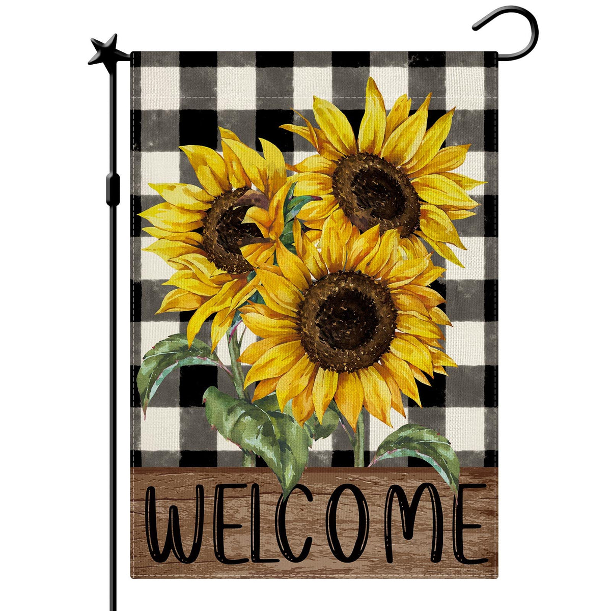 CMEGKE Sunflower Garden Flag front view with double-sided plaid design for outdoor decor.