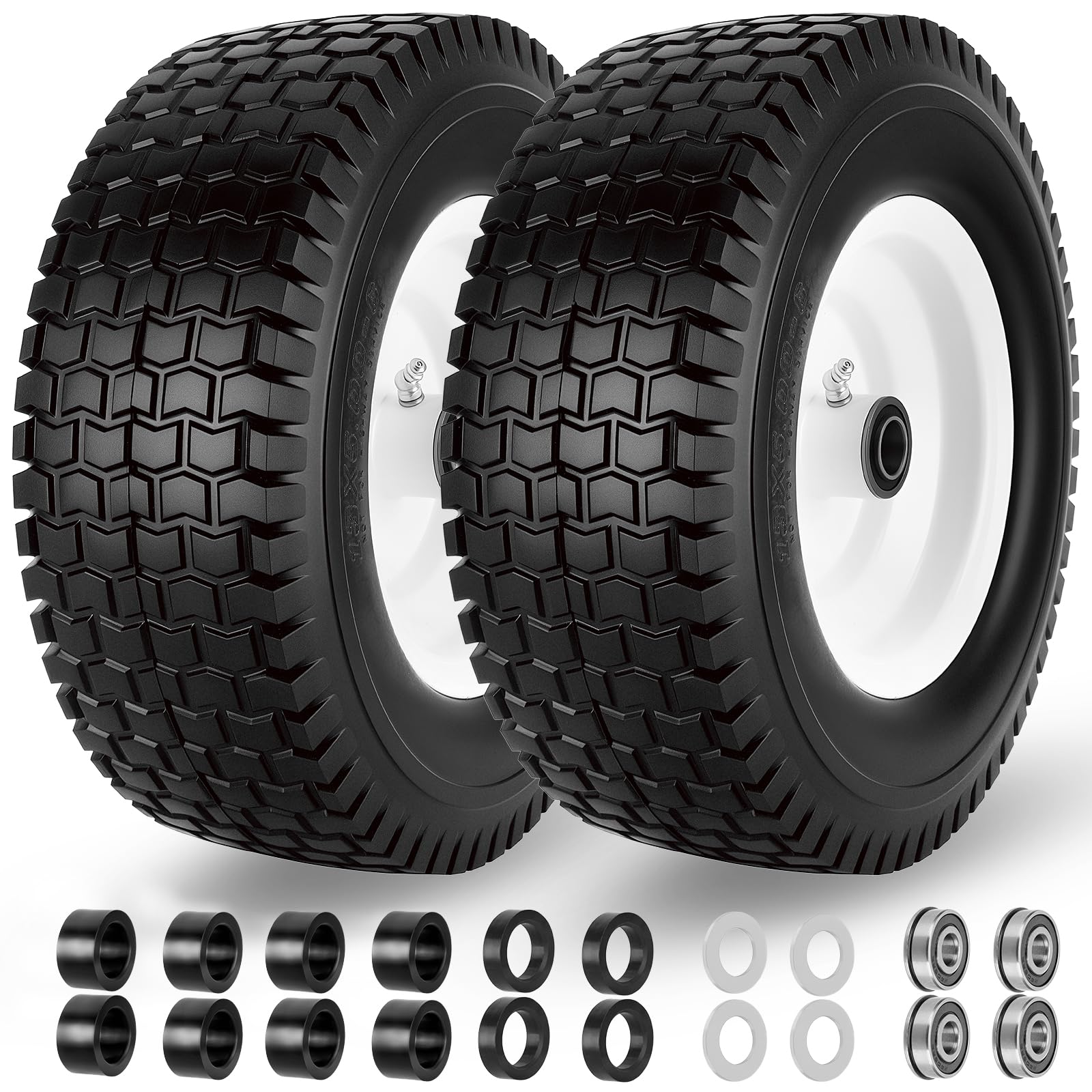 CMOOD 13x5-6 flat-free tire and wheel assembly, side view, maintenance-free design