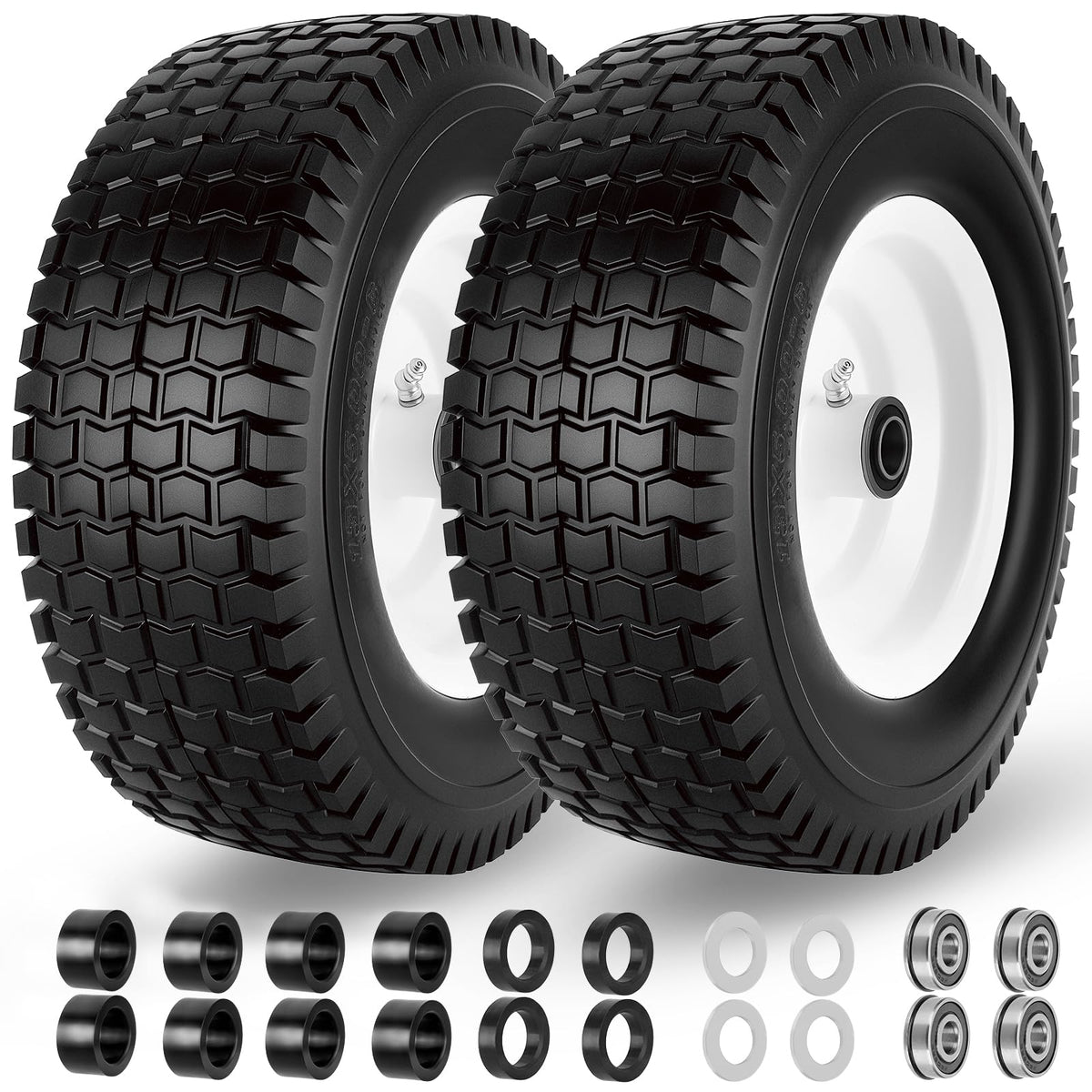 CMOOD 13x5-6 flat-free tire and wheel assembly, side view, maintenance-free design