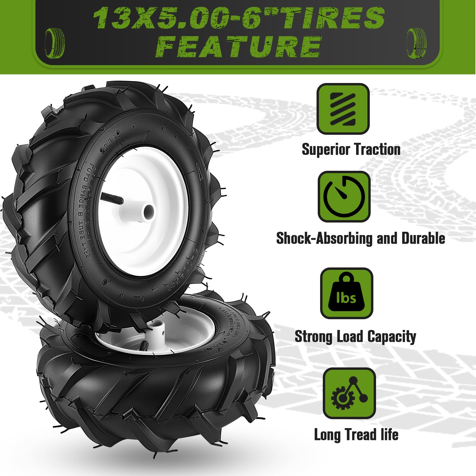 CMOOD 13x5-6 tiller tire mounted on a garden tractor for rugged tasks