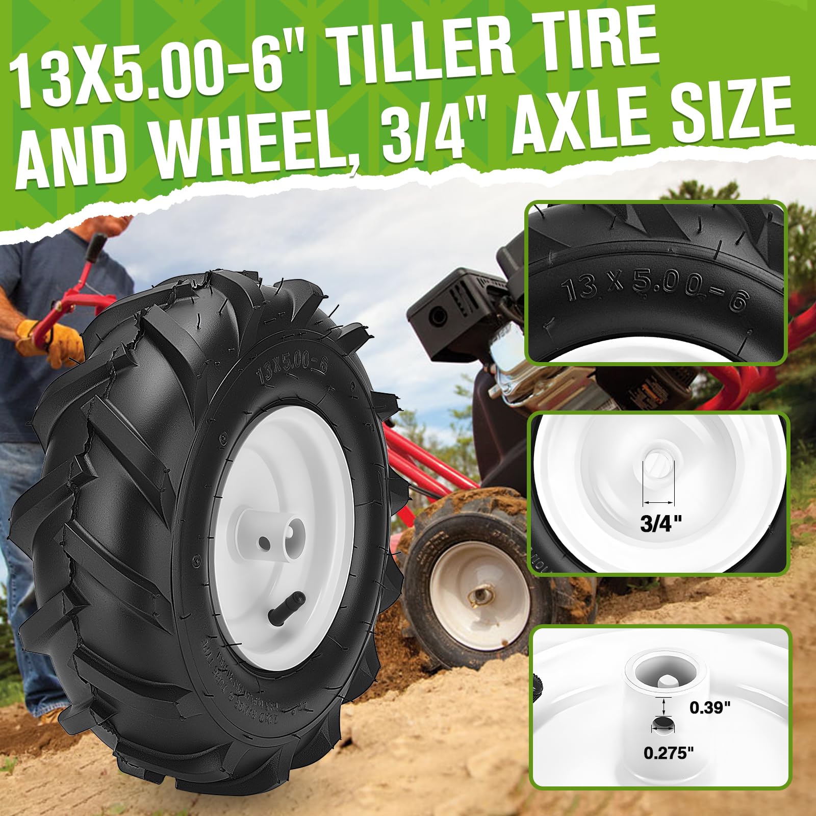 CMOOD 13x5-6 tiller tire side view highlighting rim and hub compatibility.
