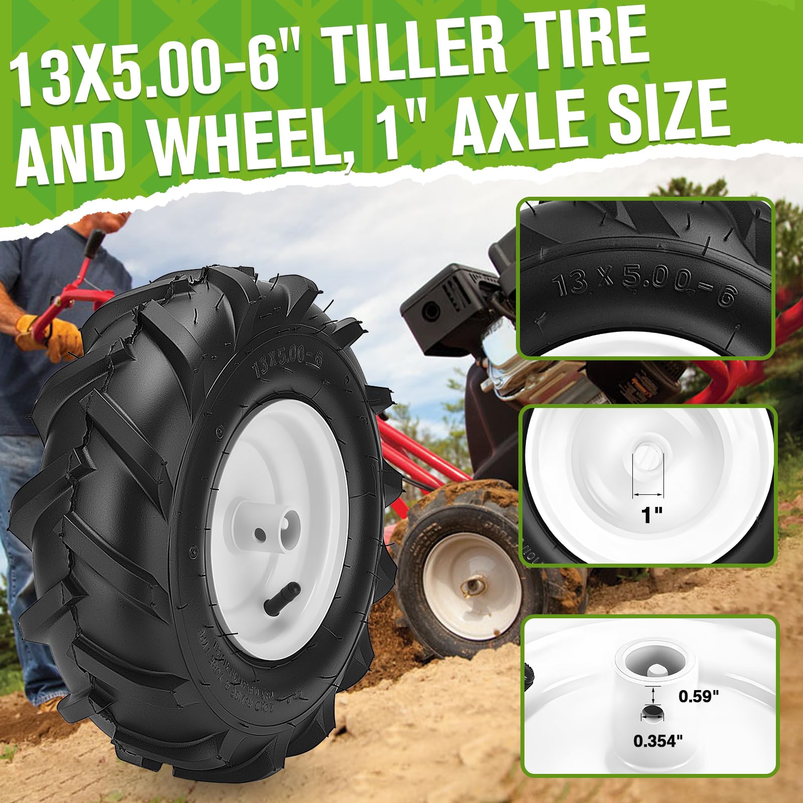 CMOOD 13x5-6 tiller tire tread detail highlighting grip