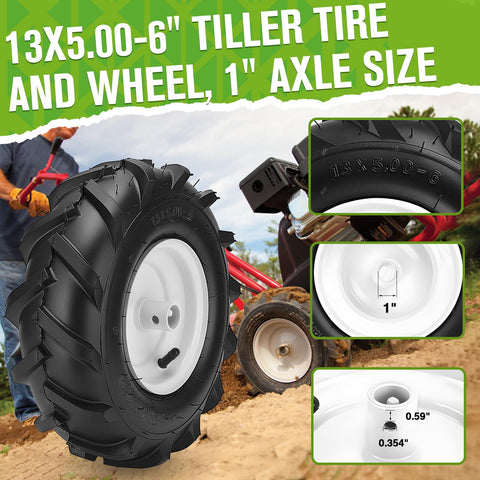 CMOOD 13x5-6 tiller tire tread detail highlighting grip