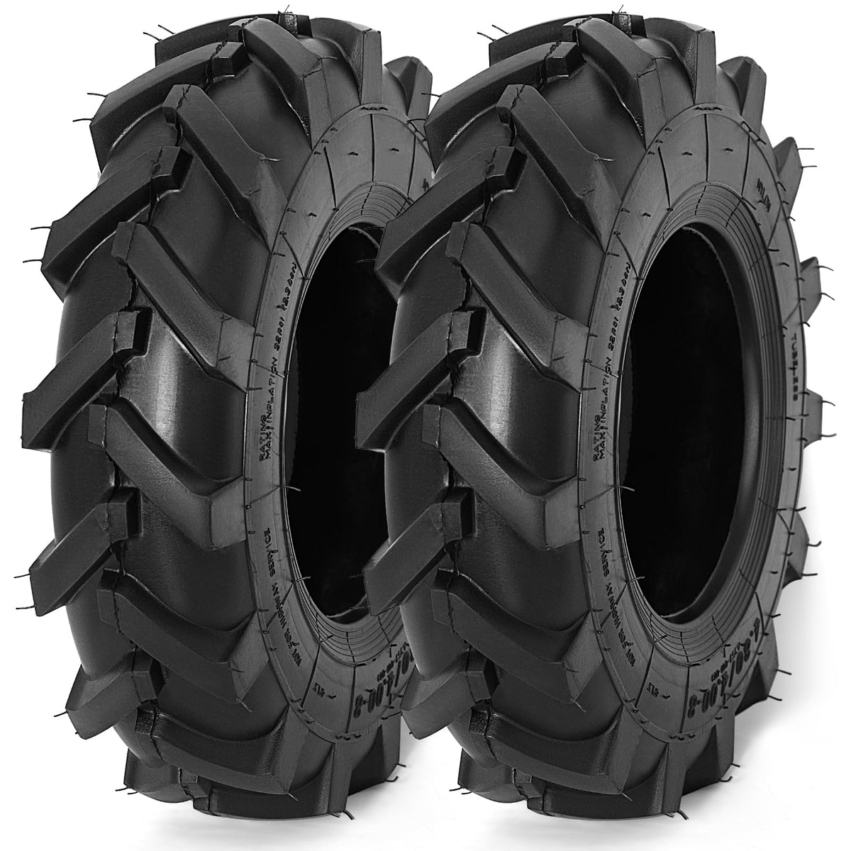 CMOOD 2pc 4.80/4.00-8 tire sideview showing turf-friendly grip for lawns.