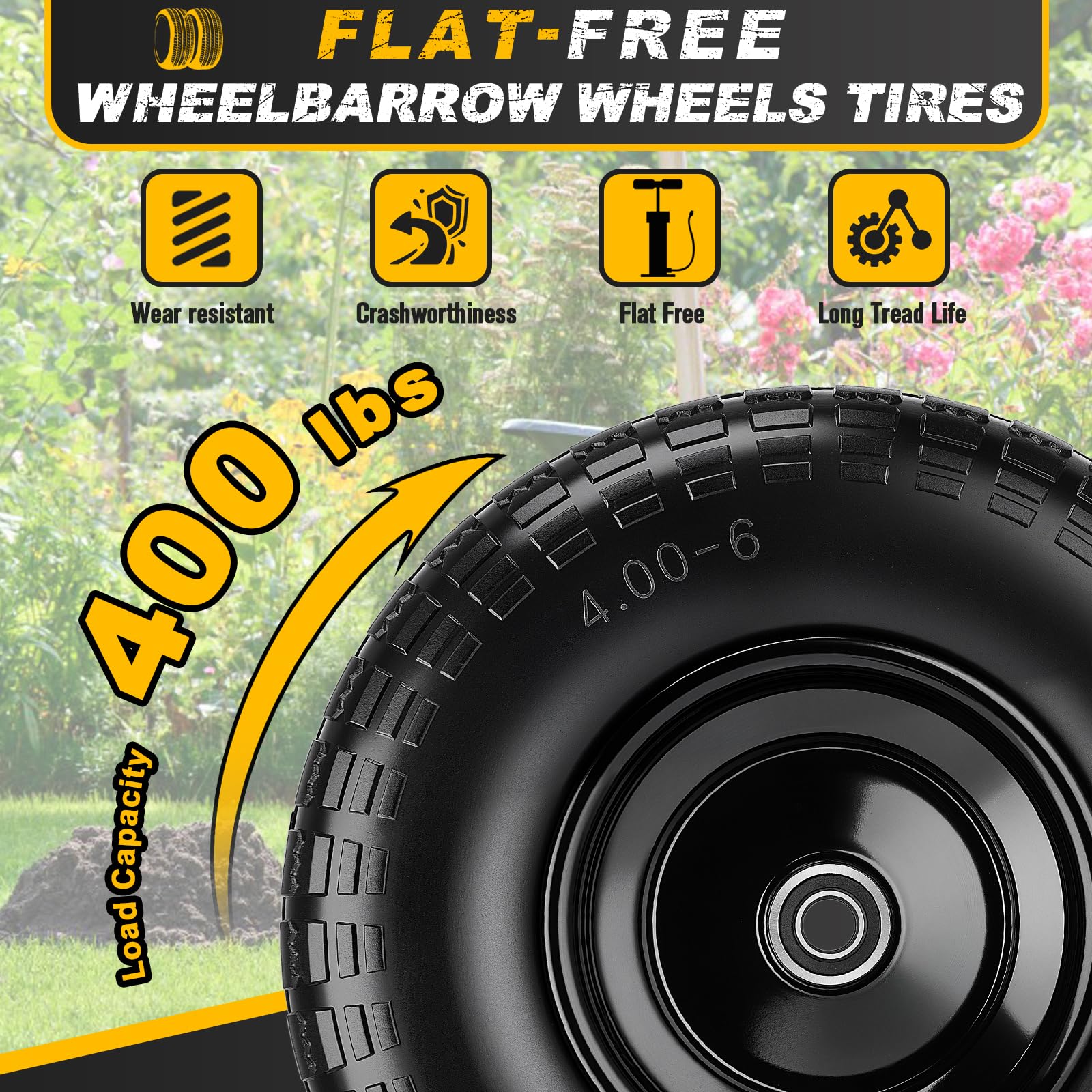 CMOOD 4.00-6 flat-free tire bearing kit compatible with 5/8 and 3/4 inch shafts
