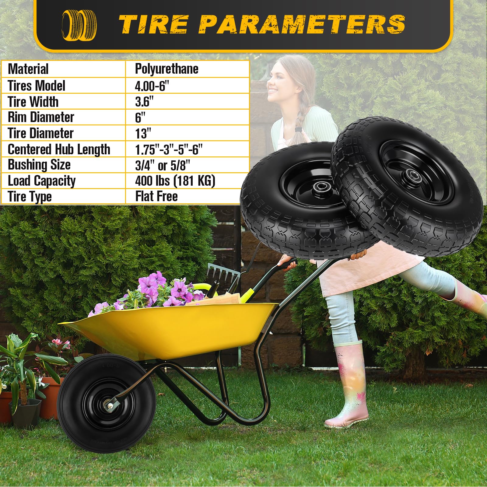 CMOOD 4.00-6 flat-free tire installed on a garden cart scenario